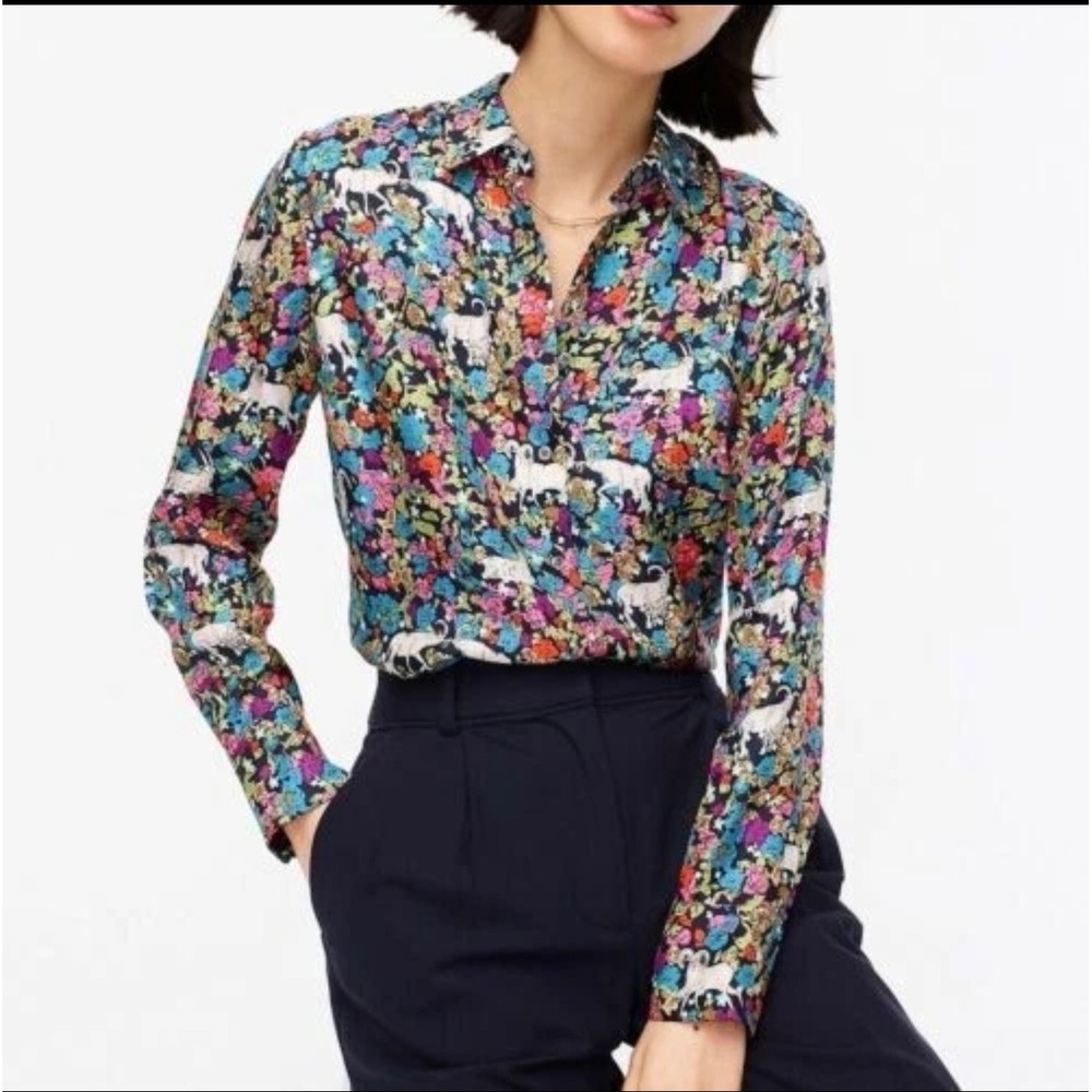 J. Crew Collection Grazing Goats Silk Twill Button Front Shirt – Size 10